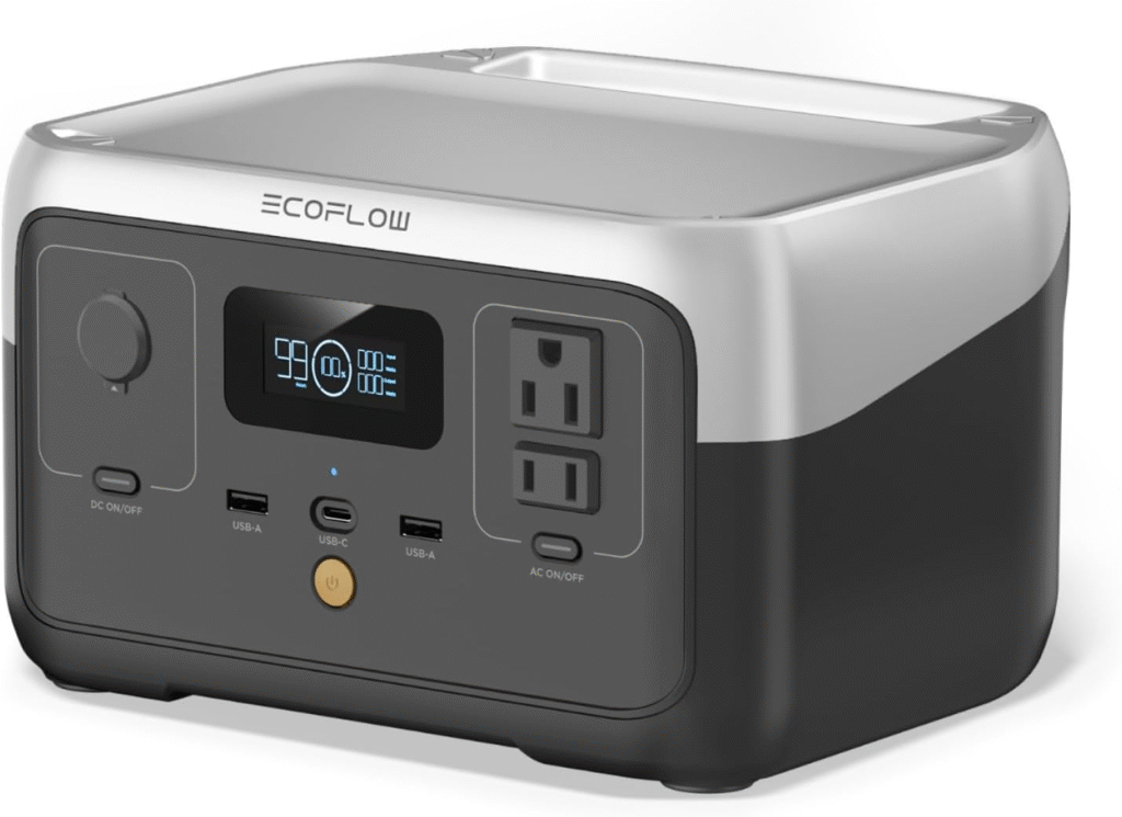 A compact and portable power station with multiple charging ports, designed for outdoor use and solar compatibility.