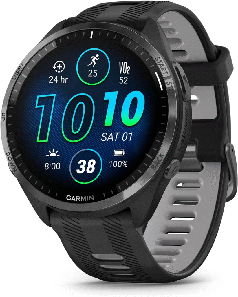 Garmin Forerunner 965 smartwatch displaying fitness metrics and a vibrant, colorful screen.