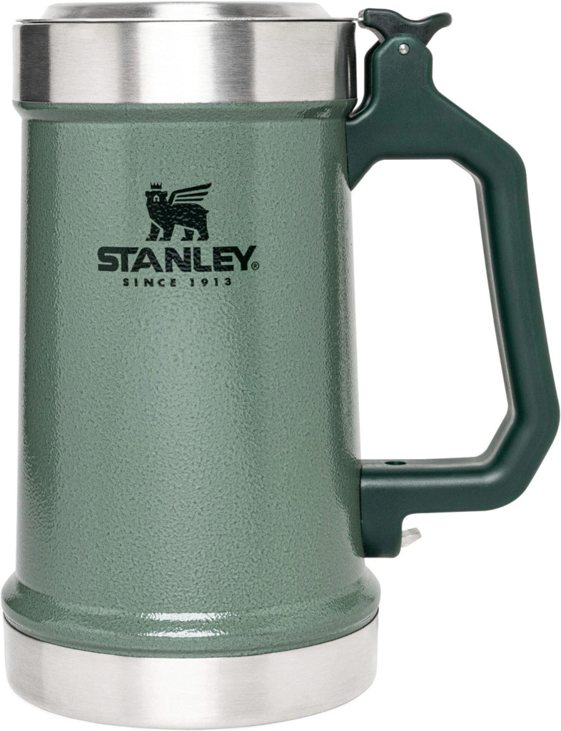 A Stanley Classic Beer Stein made from recycled stainless steel, featuring a green exterior and a stainless steel rim, designed to keep beverages cold.