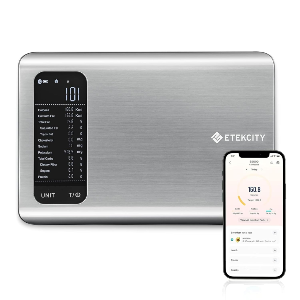 Digital kitchen scale with a stainless steel finish and an app display for tracking nutrition data.